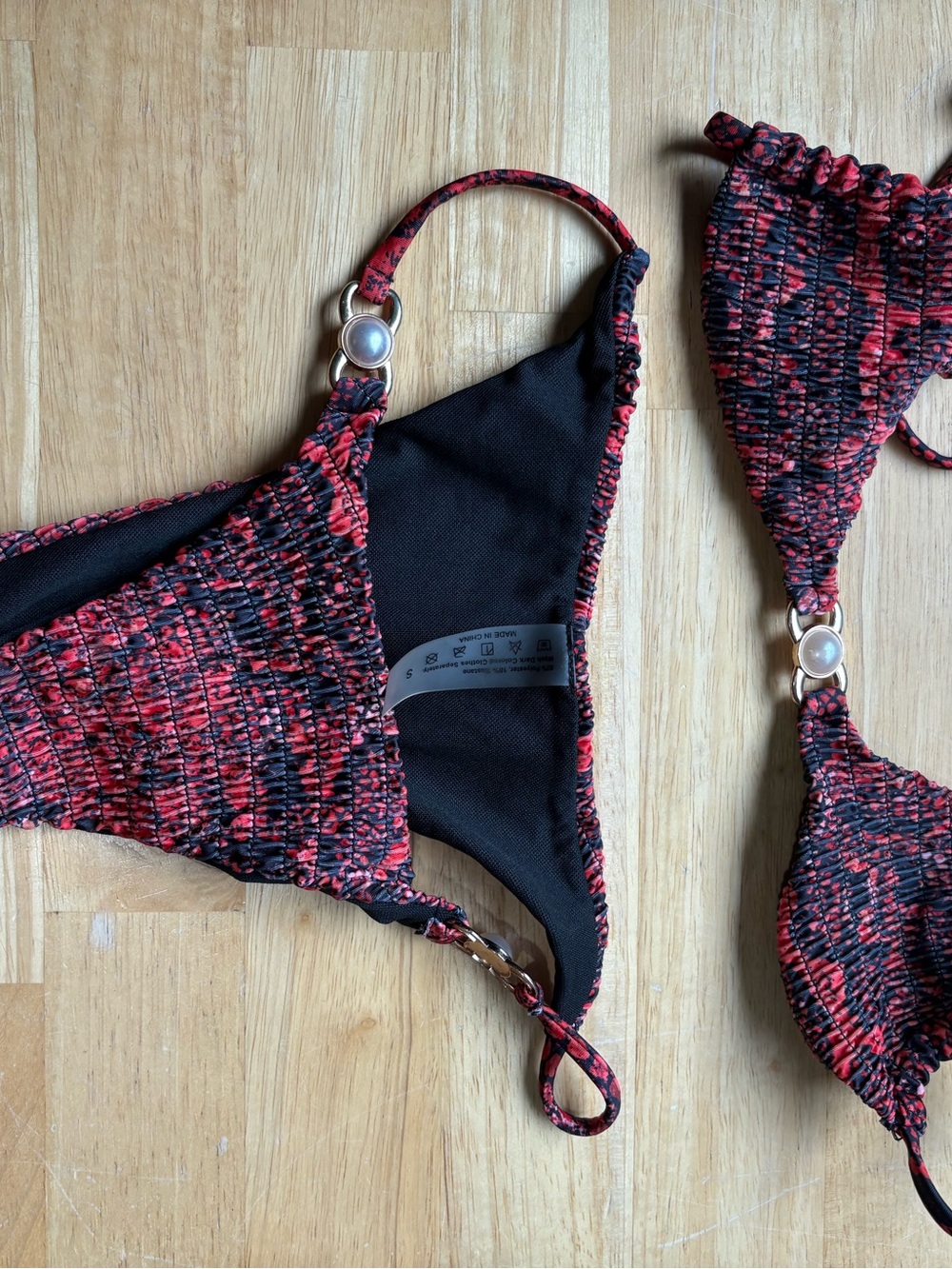 Adult Red & Black Smocked Bikini Top and Bottom Set